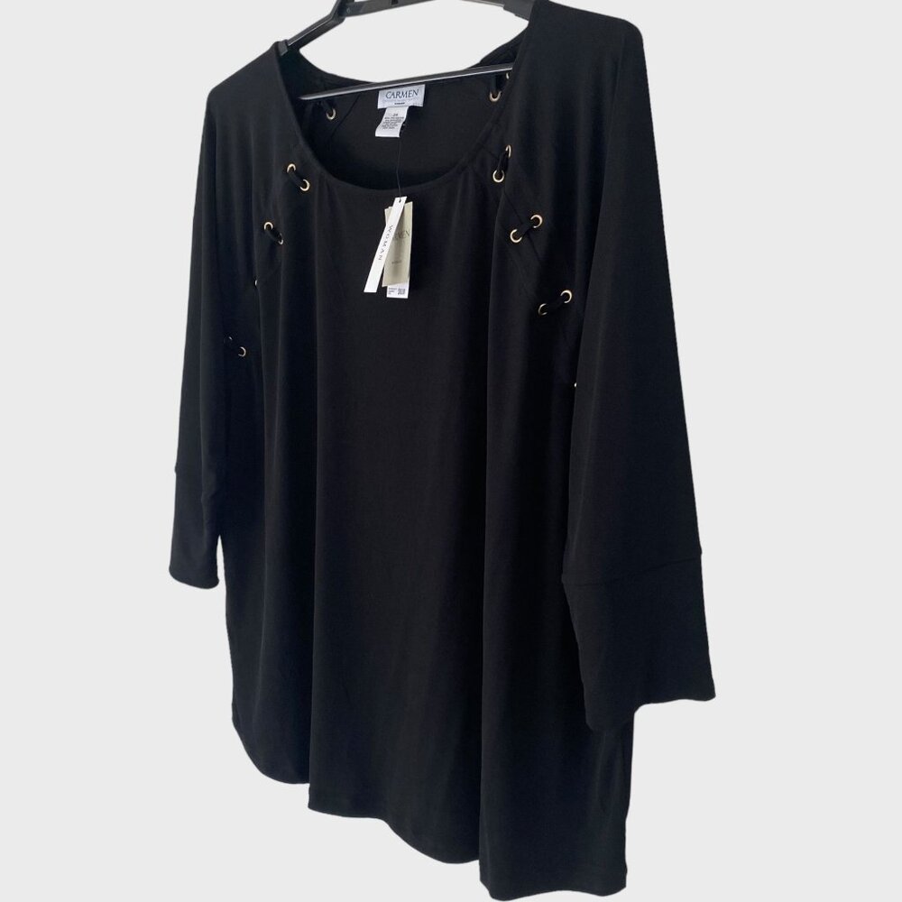 Carmen Marc Valvo Scoop-Neck 3/4 Sleeve Blouse Women's 2X Grommet Lace-Up New - Picture 2 of 11